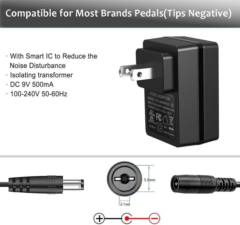 AITONE DC 9V 500mA Power Supply AC Wall Charger Adapter 4.92ft Compatible for Guitar Effect Pedals (Tip Negative) - Image 2